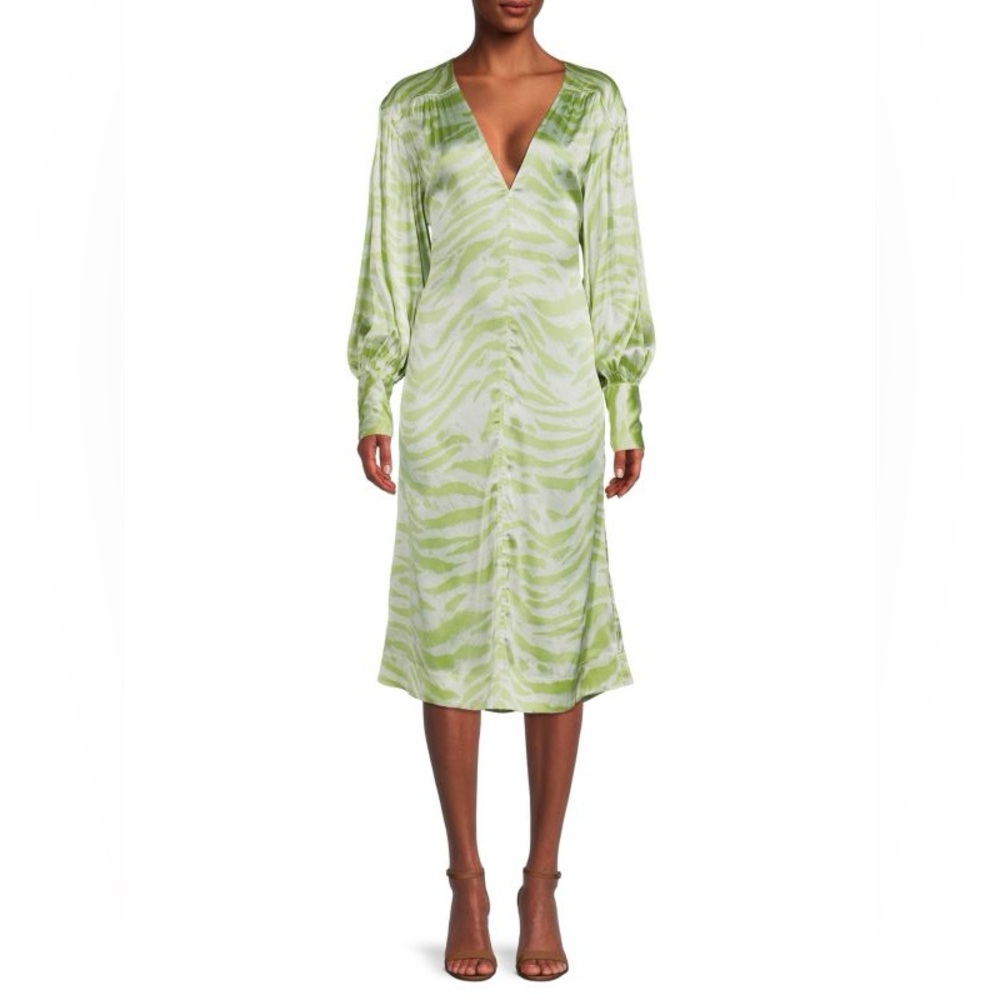 Ganni Green Zebra print Satin Midi Dress women’s size 42 green silky v neck